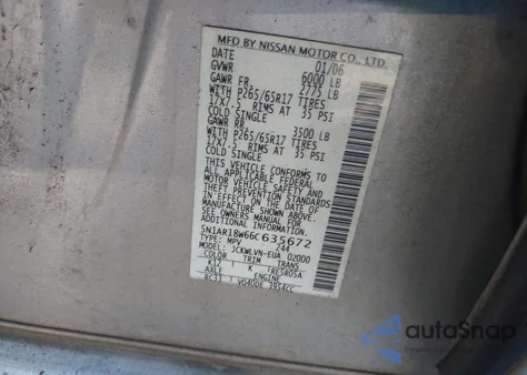 2006 Nissan Pathfinder Le из США, поврежденный, VIN 5N1AR18W66C635672